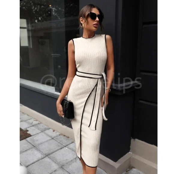 Beige Rib-knit Bodycon Dress Contrast Black Trim Tie Belt Midi Sleeveless - Picture 1 of 9